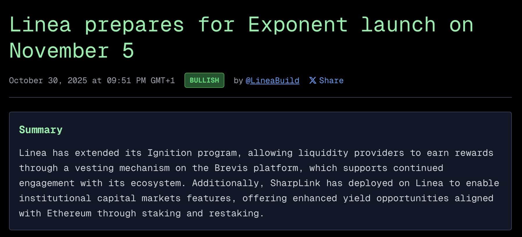 LINEA Exponent 正式上线：2025年11月价格预测